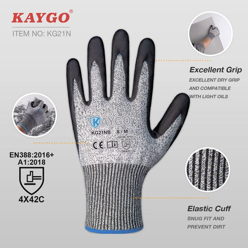 KAYGO Cut Resistant Gloves - MicroFoam Nitrile Coated, ANSI Cut Level A3, Safety Work Gloves for Men and Women, KG21NB,