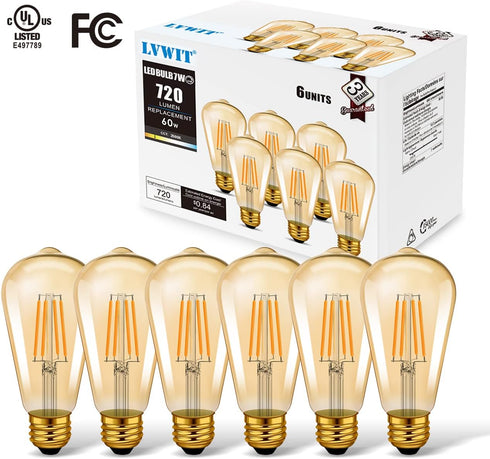 Bulb ST21 Bulb 8W(60 Dimmable 2500K E26 Cover,6 Pack LVWIT Vintage Edison Light LED Filament Watt Equivalent) (Amber