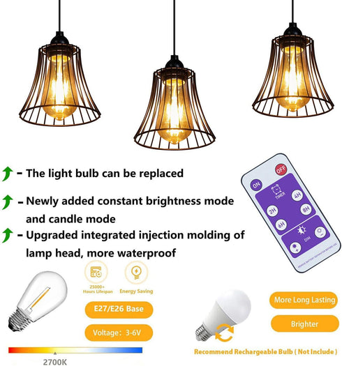 3X 4*AA Outdoor Chandelier Pendant Light for Gazebo Battery Operated Boho Hanging Lamp with Remote Decorative Lights
