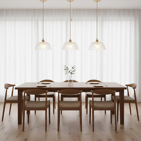 YJQHXY E26 6.56 Modern Textured Glass Pendant Light, Brass Hardwired Ceiling Hanging Light with FT Cord, Clear Dome