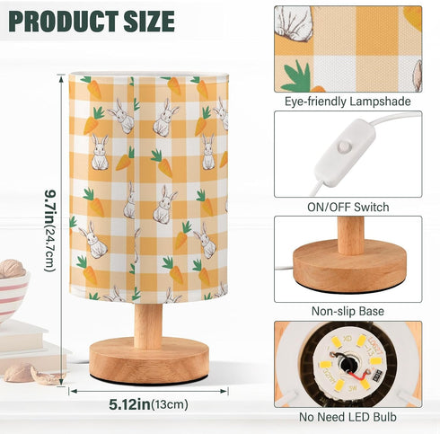 EFEWOI Table Lamp Yellow Checkered Rabbit Carrot Bedside Nightstand Lamps Decorative Fabric Shade Light with Wood Base