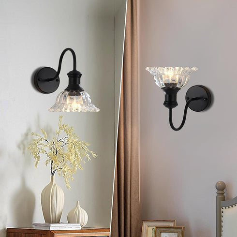 MKonpeny 1 Pack Bathroom Wall Sconce, Black Wall Lamp with Pressed Patterned Glass Lampshade, Farmhouse Wall Light