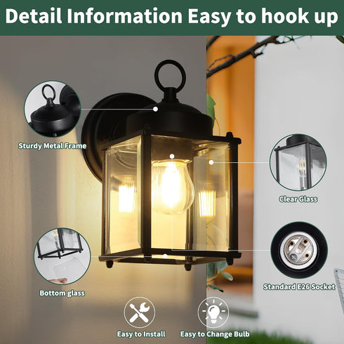 2 Pack Outdoor Wall Light Fixtures Waterproof Porch Lights Anti-Rust Matte Black Exterior Light Fixture Outdoor Wall