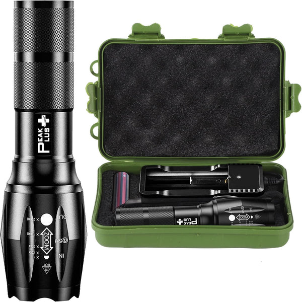 PeakPlus LFX1000 Rechargeable Tactical Flashlight - High Lumens LED, 5 Modes, Zoomable, Water Resistant - Camping,