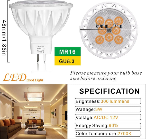 MR16 LED Bulb Light Bulbs, 3W (35W Halogen Equivalent), 2700K GU5.3 Base, 12V Spotlight, 6 Pack (Warm White)