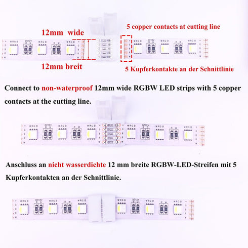 20pcs RGBW LED Strip Connector 5 Pin 12mm Wide RGBW 5050 Tape Connector, 5-Conductor Snap Down Rope Connector.