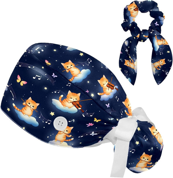 Scrub Caps Women Nursing Hats Lovely Cat with Buttons Ponytail Working Adjustable