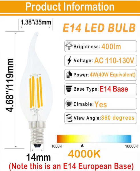 Lamsky E14 Bulb 4W Bulbs Dimmable 40W Bulbs,110V 4000K White,12 Pack LED European Base LED Chandelier Light
