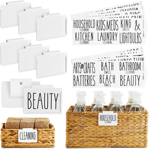 Talented Kitchen 8 Pack Metal Basket Labels Clip On Holders with 70 Labels for Organizing Home, Bathroom, Linen Closet