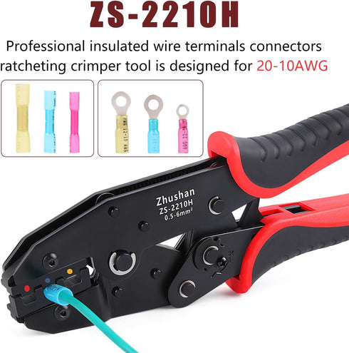 Zhushan Heat Shrink Connector Crimping Tool, AWG 22-10, Ratcheting Terminal Crimper for Insulated Nylon & Electrical Wire Connections - Sturdy, Precision Wire Crimp Tool by Zhushan