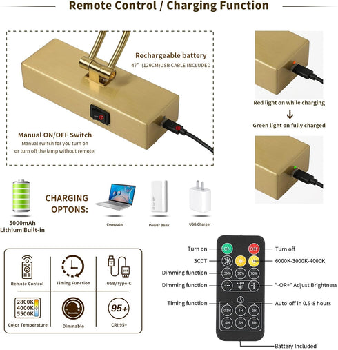 12in Arm,Dimmable Battery Operated Picture Light with Remote,Wireless Gallery Lights Brass Rechargeable Display Light