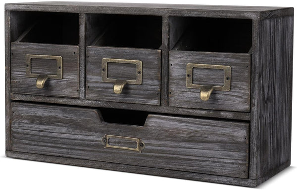 Flexzion Vintage Rustic 4 Drawer Wooden Desk Organizers - Apothecary Wood Desktop Storage for Home & Office Supplies