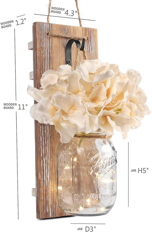 YI LIGHTING Set 2 of - Rustic Wall Sconces - Mason Jars Sconce with Remote Control, Flowers, LED Fairy Lights for Home