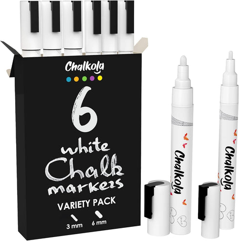 Chalkola 6 White Liquid Chalk Markers - Dry Erase Liquid Chalk Pens for Blackboard, Car Window, Bistro | Variety Pack