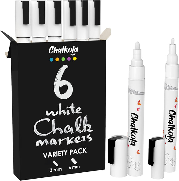 Chalkola 6 White Liquid Chalk Markers - Dry Erase Liquid Chalk Pens for Blackboard, Car Window, Bistro | Variety Pack