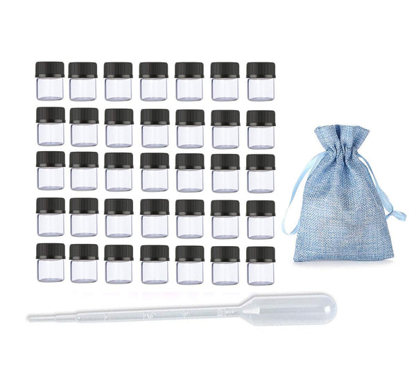 JJKMALL 50Pcs Clear Sample Glass Bottles 1ml with Orifice Reducer, 1pc Gift Storage Bag, 1pc 3ml Dropper