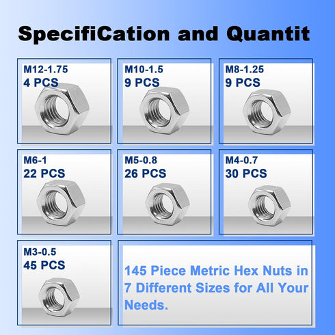 ZQZ 145 M3 M4 M5 M6 M8 M10 M12 Set PCS Assorted Stainless Steel Hex Nuts Assortment Kit Metric Hex Nut Hardware