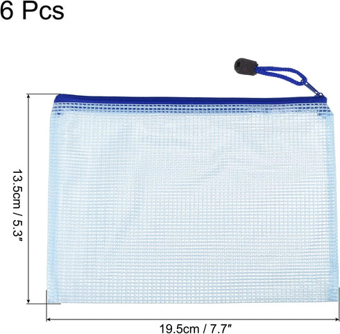 MECCANIXITY Mesh Zipper Bags, B6 Size Document Pockets, Bill Pouch Folders for Office and Home, Blue Pack of 6