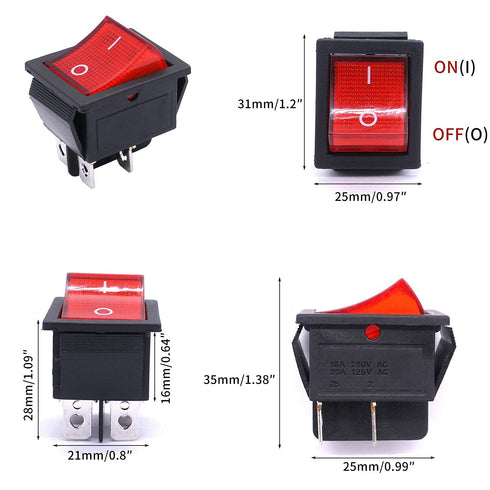 Taiss 5Pcs Rocker Switch, DPST ON/Off 4 Pin, 16A 250VAC/20A 125VAC with Red Light