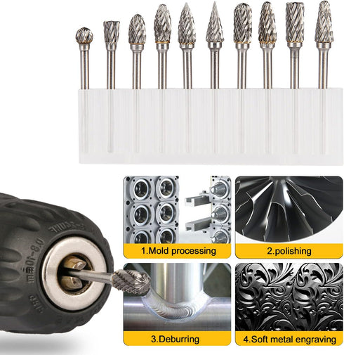 Carbide Burr Set, 10 PC Die Grinder Bits, 1/8" Shank Rotary Tool Accessories for Wood Carving