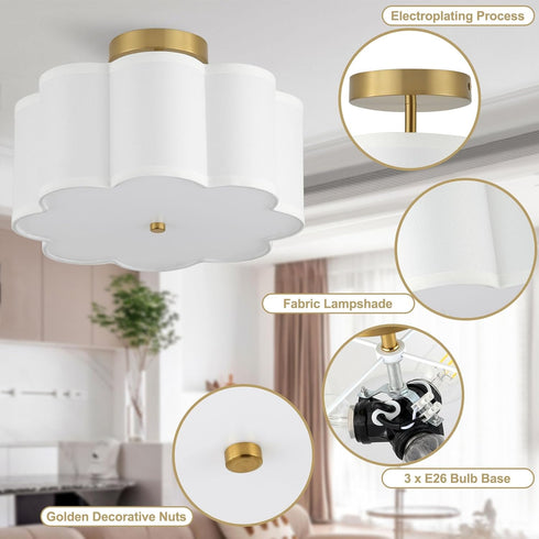 13.3"Semi 3-Light Flush Mount Ceiling Light Fixture, Modern Close to Ceiling Light With Fabric Flower-Shaped Shade