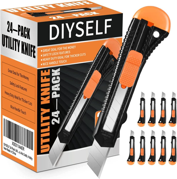 DIYSELF Box Cutter, 24 Pack Box Cutters Retractable Razor Blades Utility Knife