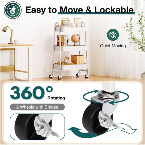 Generic 3 Tier Rolling Cart, Metal Utility Cart with Lockable Wheels - Kitchen Bathroom Organizer - White