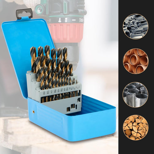 Drill Bit Set, 29Pcs High Speed Steel Bits with Black and Gold Finish for Metals, with Metal Index Storage