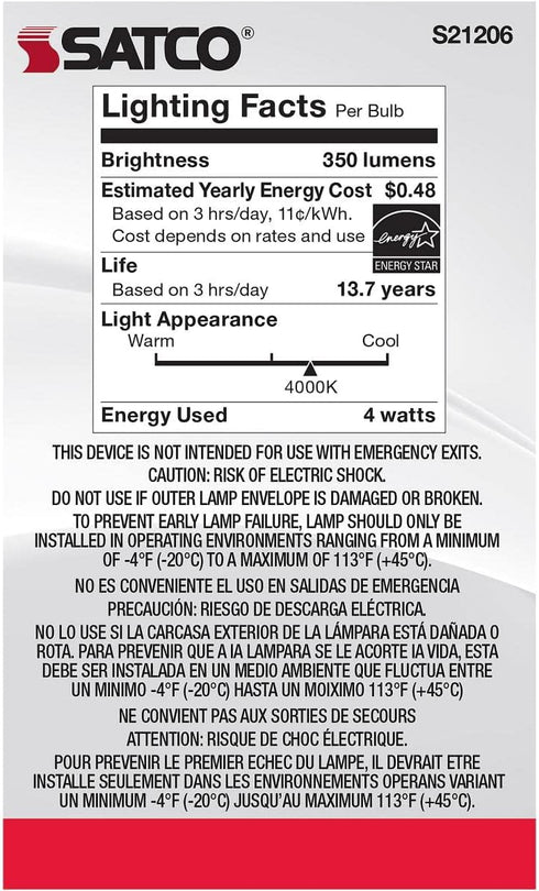 Satco 4-Watt LED E12 Light Bulb, 4000K, Dimmable, 15000 Hour Rating