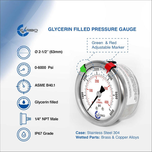 2 1-2" Pressure Gauge, Liquid Filled, Stainless Steel Case, Chrome Plated Brass Connection, 0-6000 psi/kPa, Back Mount