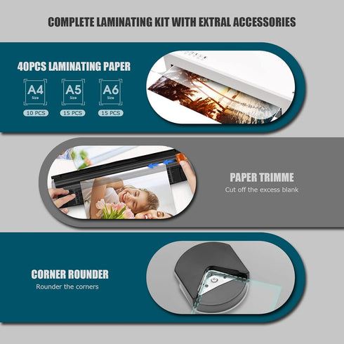 Laminator, 4 in 1 A4 Laminating Machine with 40 Laminating Sheets, Hot & Cold with Paper Trimmer & Corner Rounder,