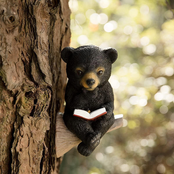 Sitting Bear Tree Hugger with Solar LED Light - Baby Bear Reading Book Garden Statue for Lawn, Yard, Patio Decor