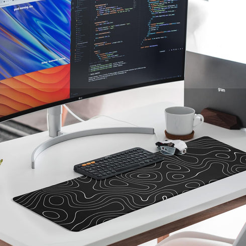 Large Topographic Map Gaming Mouse Pad for Desk, Black Desk Pad with Non-Slip Rubber Base, Desk Decor