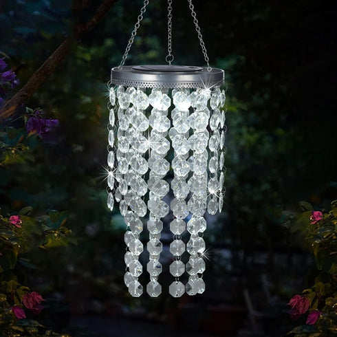 LEWIS&WAYNE 21 Hanging Solar Crystal Chandelier Outdoor, Modern Solar Transparent Acrylic Beaded Lantern with Cool