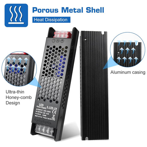 PZETCEIR 24V 150W 6.5A 100-250V 24V Bulbs, LED Driver Slim LED Power Supply, AC to DC Adapter, Constant Voltage