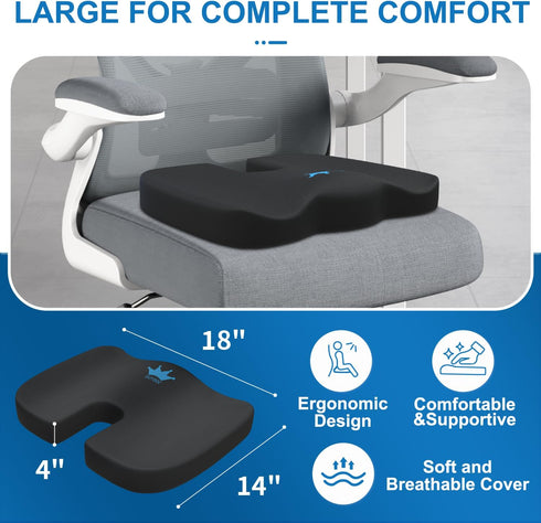 Seat Cushion for Office Chair & Car - Memory Foam Coccyx Support Pillow with Non-Slip Cover, Sciatica & Lower Back Pain