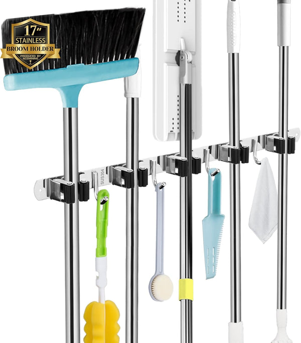 AceMining Mop and Broom Holder Wall Mount, 5 Racks and 4 Hooks, Heavy Duty Storage for Home Kitchen