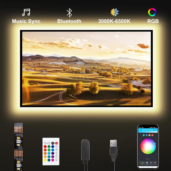 Bluetooth RGBWW LED Lights for 32 Inch TV, RGB+Tunable White 3000K-6500K, App Control, Music Sync Indoor USB LED