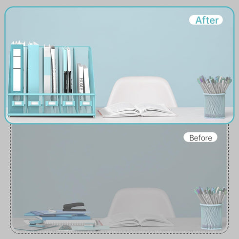 SUPEASY Desk Organizers Metal Magazine File Holder with 5 Vertical Compartments for Office Desktop, Blue Plus