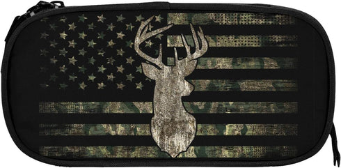 YETTA YANG Retro Patriotic American Flag Deer Pencil Box Case, Large Capacity for Office Supplies