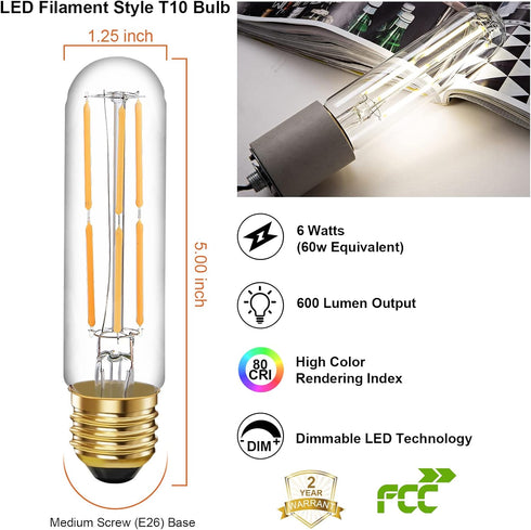 6 Pcs E26 T10 LED Tubular Light Bulbs, 6W Dimmable, Daylight White 4000K, for Pendant Lights, Outdoor Long Light Bulbs