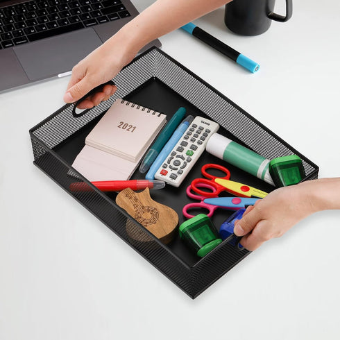 Elsjoy 2 Pack Desk Drawer Organizer Tray, Metal Mesh Storage Tray with Handle