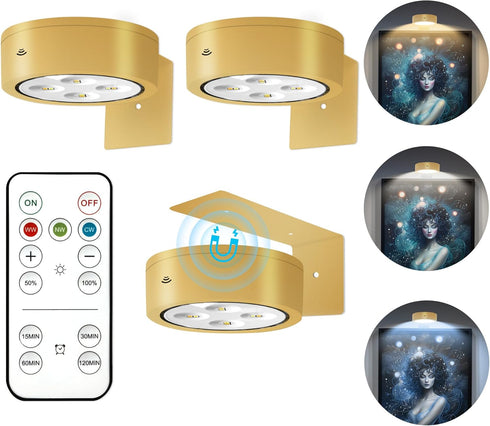3Pcs Battery Operated Picture Light - Magnetic LED Art Display Light with Remote, Dimmable, Gold