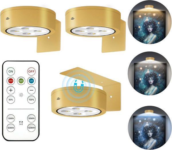 3Pcs Battery Operated Picture Light - Magnetic LED Art Display Light with Remote, Dimmable, Gold