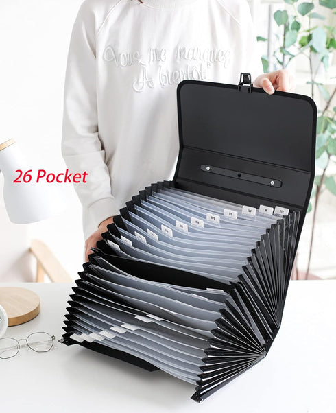 Expanding File Folder, 26 Pocket Accordion Document Organizer, Zip File Folder for Letter A4 Paper, 1 Pack (Black)