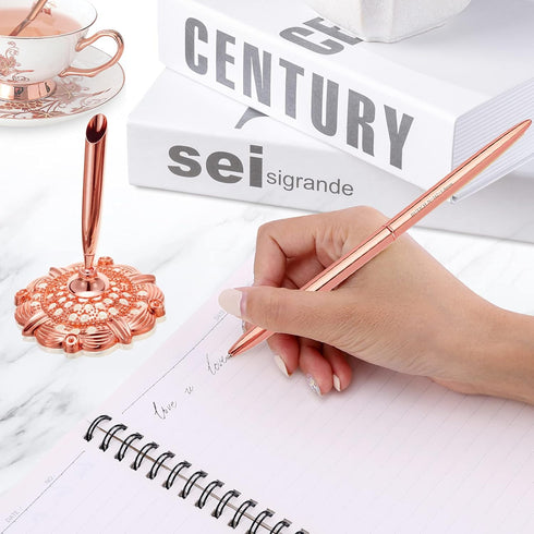 Hollow Round Signing Pen Set for Wedding Bridal, Rose Gold Pen Holder