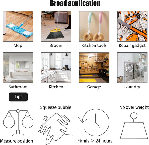 Self-Adhesive Mop Holder, Wall Mounted Broom Rack, Cleaning Tools Sticker Hook, No Drilling Anti-Slip Gadget (4pcs)