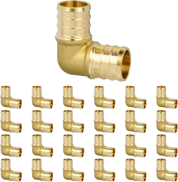 JUWO 1/2" Pex Fitting, 25 Pack 90 Degree Elbow for Plumbing Repairs, Durable Brass Crimp Fitting
