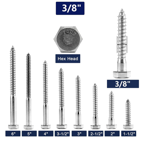 10 Pcs 3/8" x 4" Hex Head Lag Screws Bolts, 304 Stainless Steel 18-8, Partial Thread, Hexagon Head Wood Screws