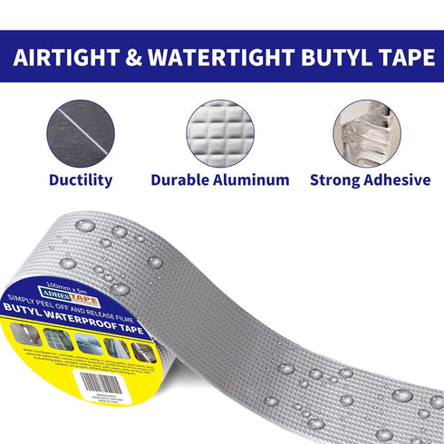 ADHES Butyl Tape Waterproof Tape Aluminum Foil Tape Sealan Tape 2 Inch x 16 Feet, for RV Repair, Window, Silicone, Boat and Pipe Sealing, Glass & EDPM Rubber Roof Patching, Silver